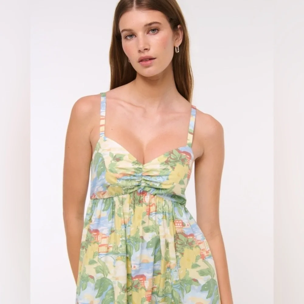 Abercrombie and Fitch Sweetheart Babydoll Maxi Dress Beach Lemon Print NWT